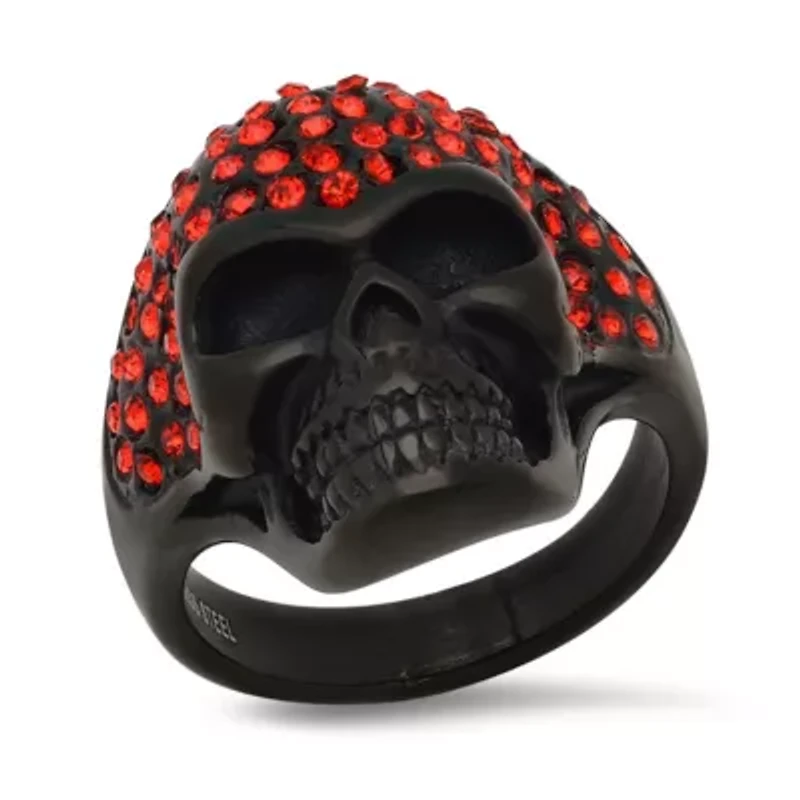 Men's black ip stainless steel and red simulated diamonds skull ring