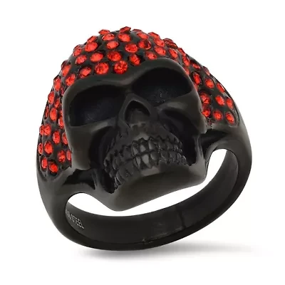 Men's black ip stainless steel and red simulated diamonds skull ring