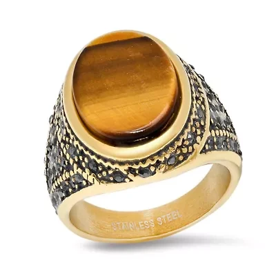 Lab Created Men's 18k gold plated stainless steel oval tiger eye ring with black simulated diamonds