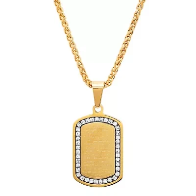 Lab Created Men's stainless steel Our Father prayer dog tag pendant with simulated diamonds