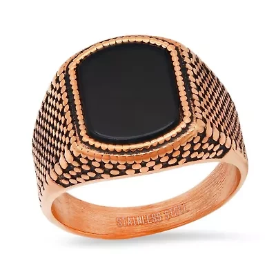 Men's 18k rose gold plated stainless steel and simulated black onyx ring