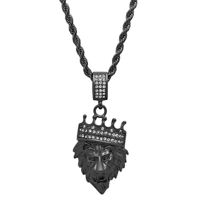 Lab Created Men's stainless steel and simulated diamonds lion's head with crown pendant