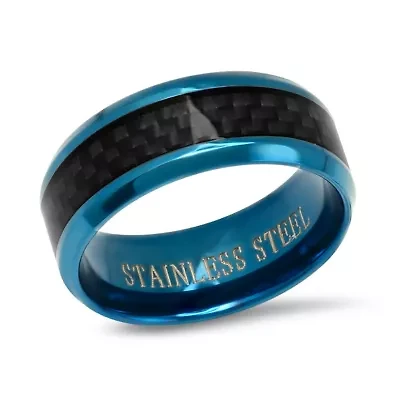 Men's blue ip stainless steel and black carbon fiber inlay ring