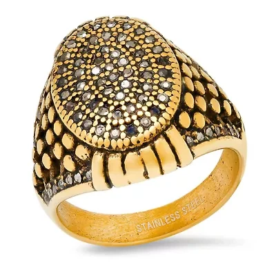 Lab Created Men's 18k gold plated stainless steel and black simulated diamonds ring