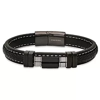 Men's black leather & white thread, black ip stainless steel, hematite & black agate beads id bracelet