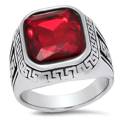Lab Created Men's stainless steel and red simulated diamonds ring greek key accents