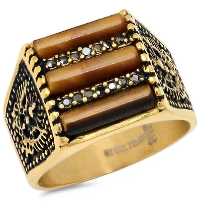 Lab Created Men's 18k gold plated stainless steel black simulated diamond and tiger eye lined ring