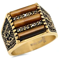 Lab Created Men's 18k gold plated stainless steel black simulated diamond and tiger eye lined ring