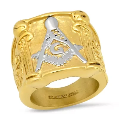 Men's two tone black ip and stainless steel masonic ring