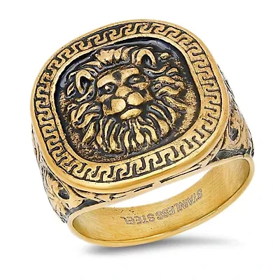 Men's 18k gold plated and black ip lion's head ring with greek key accents