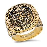 Men's 18k gold plated and black ip lion's head ring with greek key accents