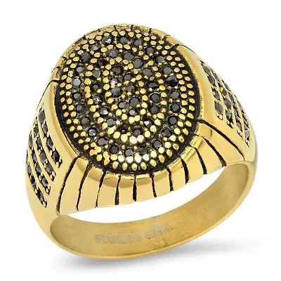 Lab Created Men's 18k gold plated stainless steel swril simulated gray diamonds ring