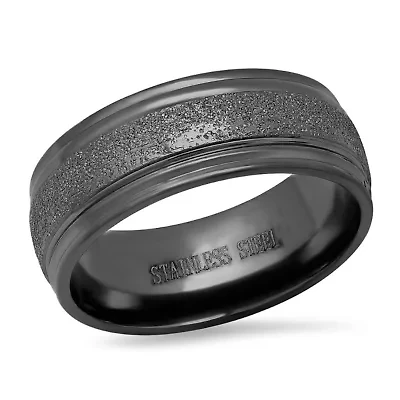 Men's black ip stainless steel sand dust inlay band ring