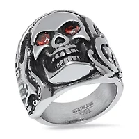 Lab Created Men's black ip & stainless steel and red simulated diamonds skull ring