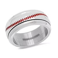Men's stainless steel and red enamel baseball ring