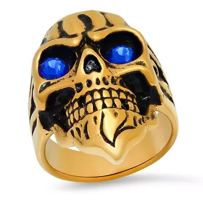 Lab Created Men's two tone black ip and 18k gold plated stainless steel skull ring with simulated diamonds