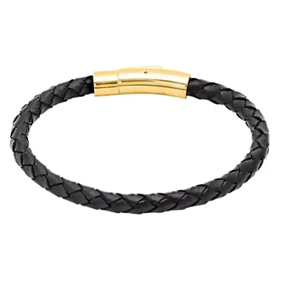 Men's black braided leather bracelet with 18k gold plated stainless steel magnet clasp