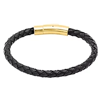 Men's black braided leather bracelet with 18k gold plated stainless steel magnet clasp