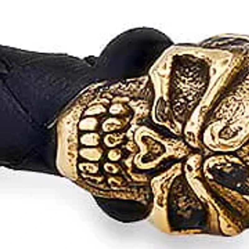 Men's black braided leather and 18k gold plated stainless steel skulls bracelet