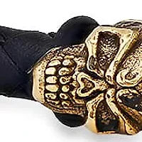 Men's black braided leather and 18k gold plated stainless steel skulls bracelet