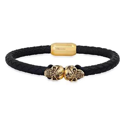 Men's black braided leather and 18k gold plated stainless steel skulls bracelet