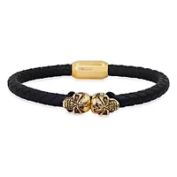 Men's black braided leather and 18k gold plated stainless steel skulls bracelet