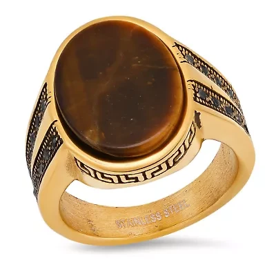 Lab Created Men's 18k gold plated stainless steel, tiger eye center stone and simulated black diamonds side stones ring with greek key accents