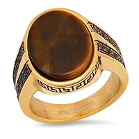 Lab Created Men's 18k gold plated stainless steel, tiger eye center stone and simulated black diamonds side stones ring with greek key accents