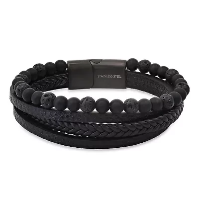 Men's black braided leather, lava and ip stainless steel magnetic clasp layered bracelet