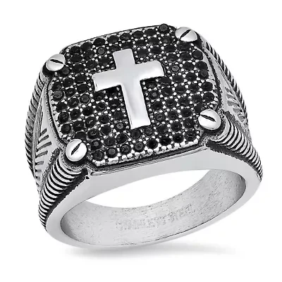 Lab Created Men's stainless steel and black simulated diamonds square ring with cross accent