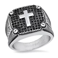 Lab Created Men's stainless steel and black simulated diamonds square ring with cross accent