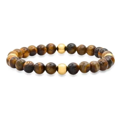 Men's 18k gold plated stainless steel and tiger eye beaded stretch bracelet