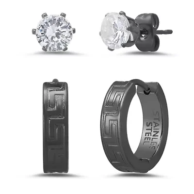 Lab Created Men's stainless steel and simulated diamonds studs/huggies 2pc earring set with greek key accents