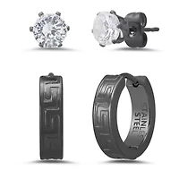 Lab Created Men's stainless steel and simulated diamonds studs/huggies 2pc earring set with greek key accents