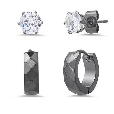 Lab Created Men's stainless steel and simulated diamonds studs/huggies 2pc earrings set