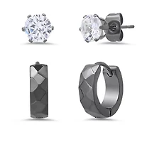 Lab Created Men's stainless steel and simulated diamonds studs/huggies 2pc earrings set