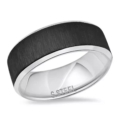 Men's black ip and stainless steel brushed band ring