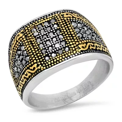 Lab Created Men's two tone stainless steel and 18k gold plated with simulated diamonds ring