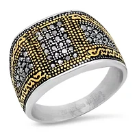 Lab Created Men's two tone stainless steel and 18k gold plated with simulated diamonds ring