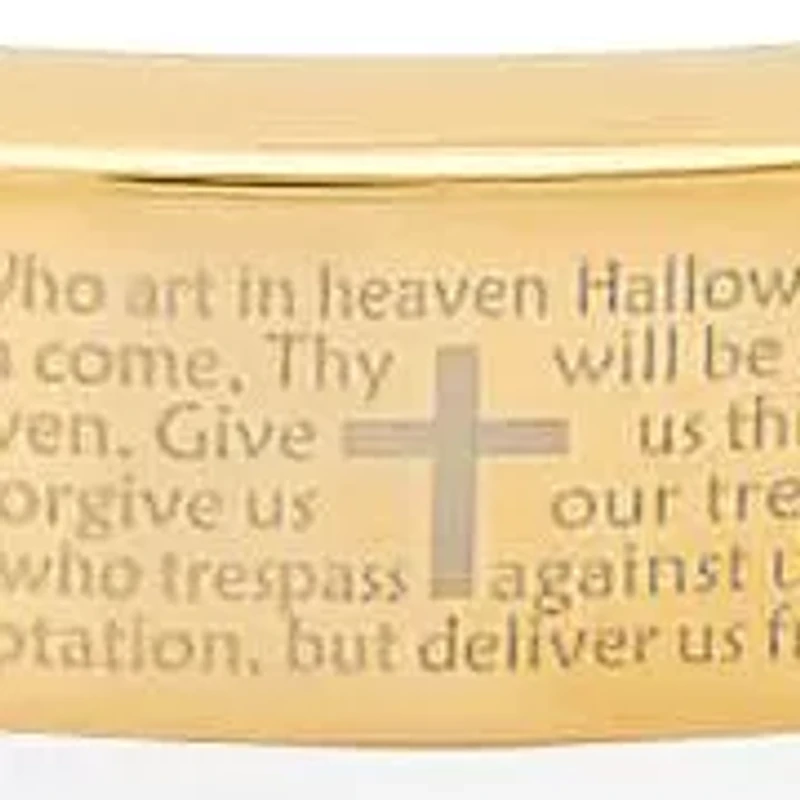 Men's black rubber and 18k gold plated stainless steel Our Father english prayer id bracelet with brown braided inlay