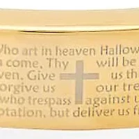 Men's black rubber and 18k gold plated stainless steel Our Father english prayer id bracelet with brown braided inlay