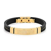 Men's black rubber and 18k gold plated stainless steel Our Father english prayer id bracelet with brown braided inlay