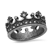 Lab Created Men's black ip stainless steel and simulated diamonds crown ring