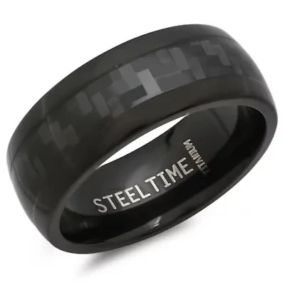 Men's titanium ring with black carbon fiber design