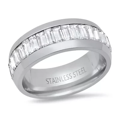 Lab Created Men's stainless steel and simulated emerald cut diamonds eternity band ring