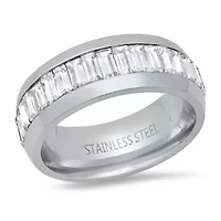 Lab Created Men's stainless steel and simulated emerald cut diamonds eternity band ring
