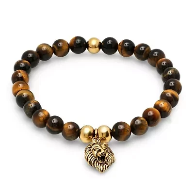 Men's black lava beaded bracelet with 18k gold plated stainless steel lion