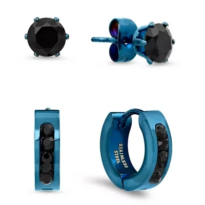Lab Created Men's stainless steel simulated diamond huggie and stud earrings set
