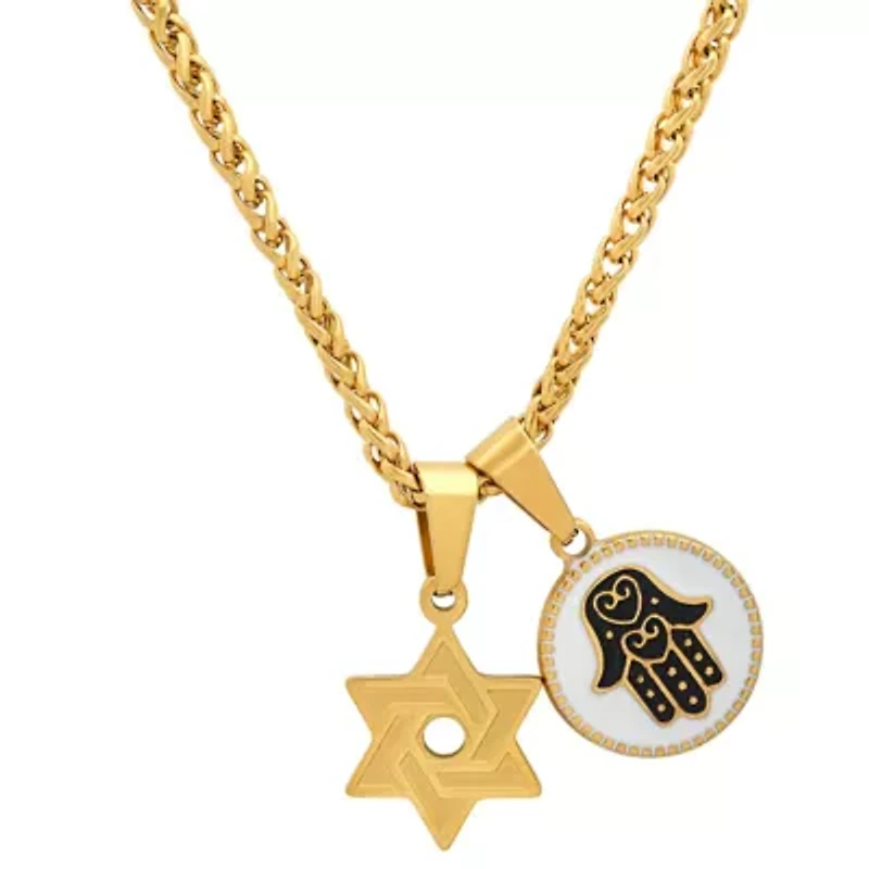 Men's stainless steel Star of David and Navy Blue/Black enamel hamsa round pendants