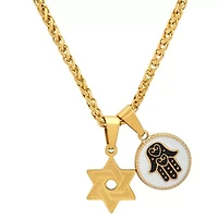 Men's stainless steel Star of David and Navy Blue/Black enamel hamsa round pendants